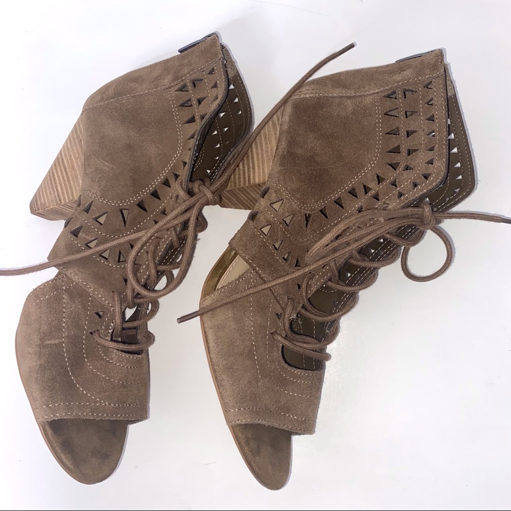 Vince Camuto Brown Suede Open-Toe Lace-Up Ankle Booties